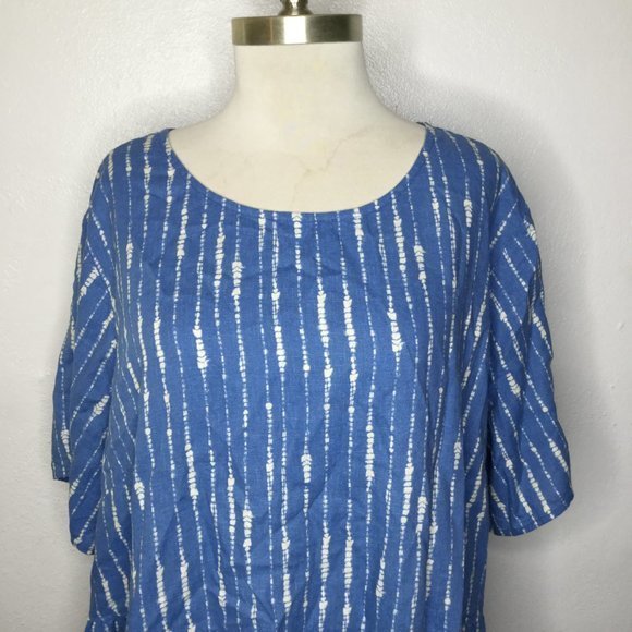 Denim & Co. Naturals Printed Linen Blend Peplum Blouse Plus Size 2X Blue/White - Picture 10 of 11